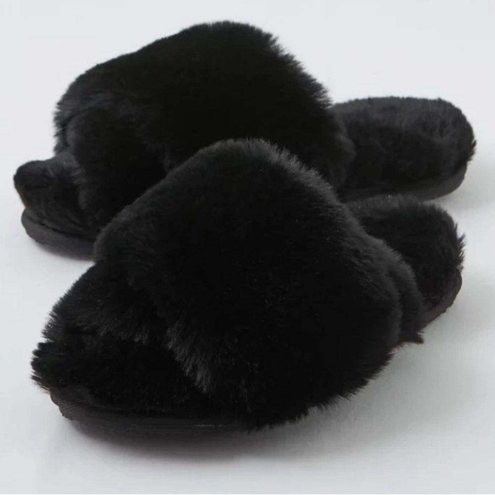 aerie Black Faux Fur Slide Slippers - Picture 3 of 6